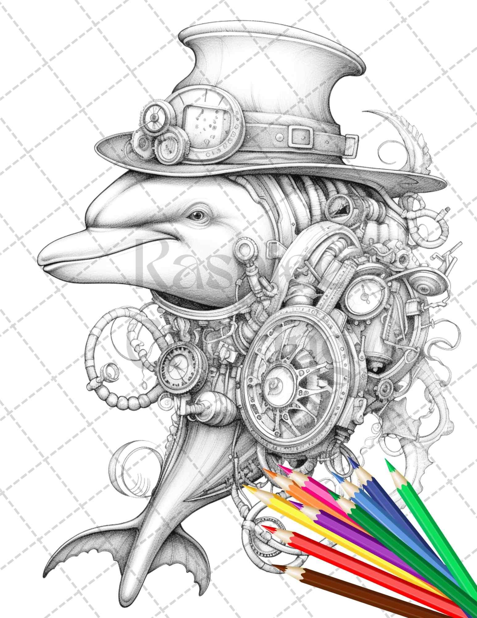 60 Steampunk Animals Grayscale Coloring Pages Printable for Adults, PDF File Instant Download