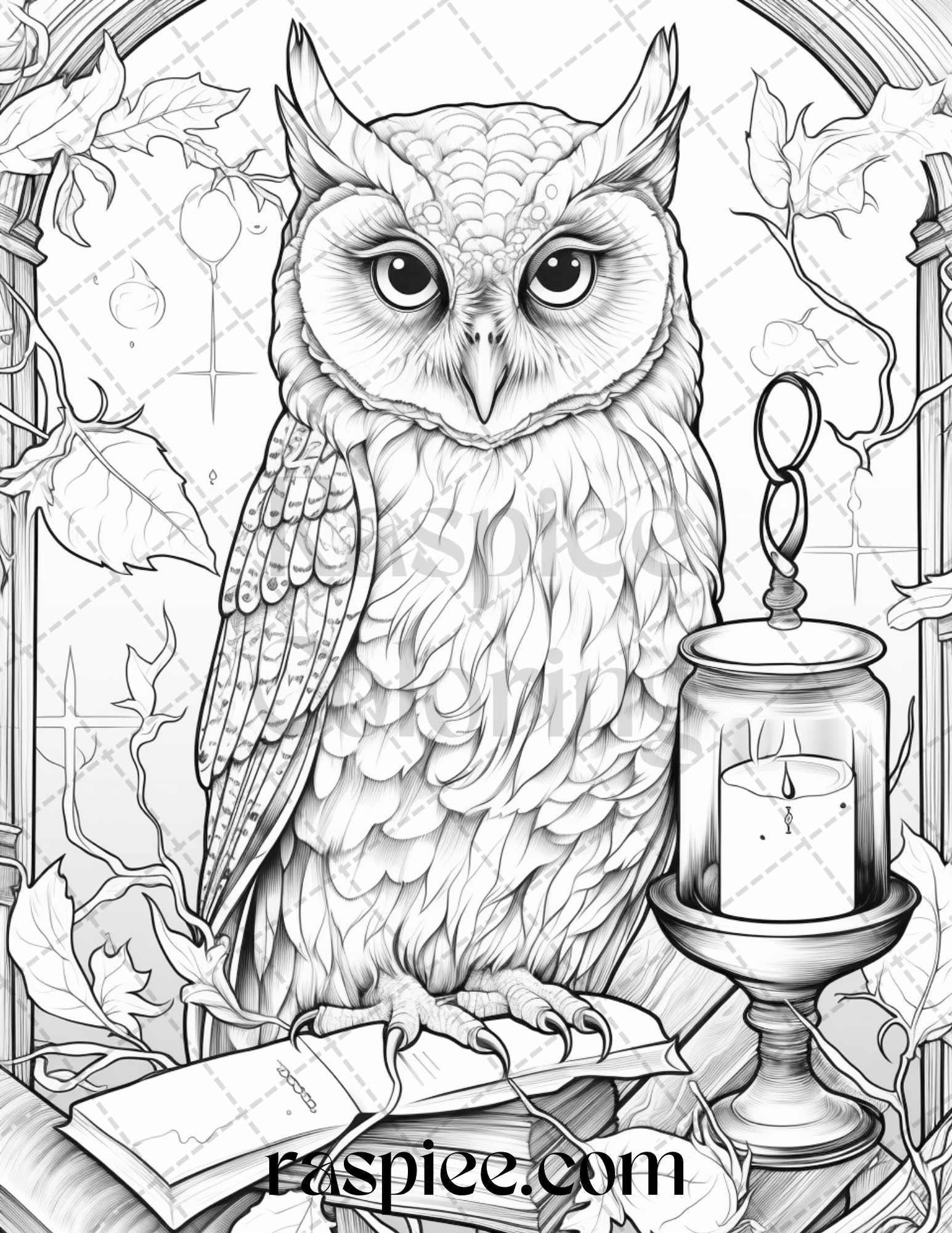 Halloween Witch Owl Grayscale Coloring Pages for Adults and Kids, Printable PDF Instant Download