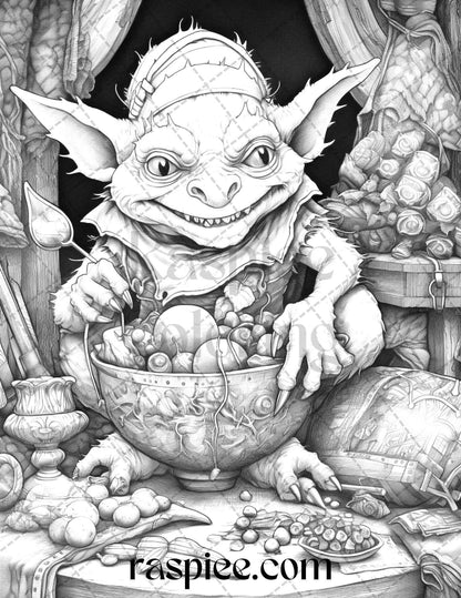 Fantasy Goblins Grayscale Coloring Pages Printable for Adults, PDF File Instant Download