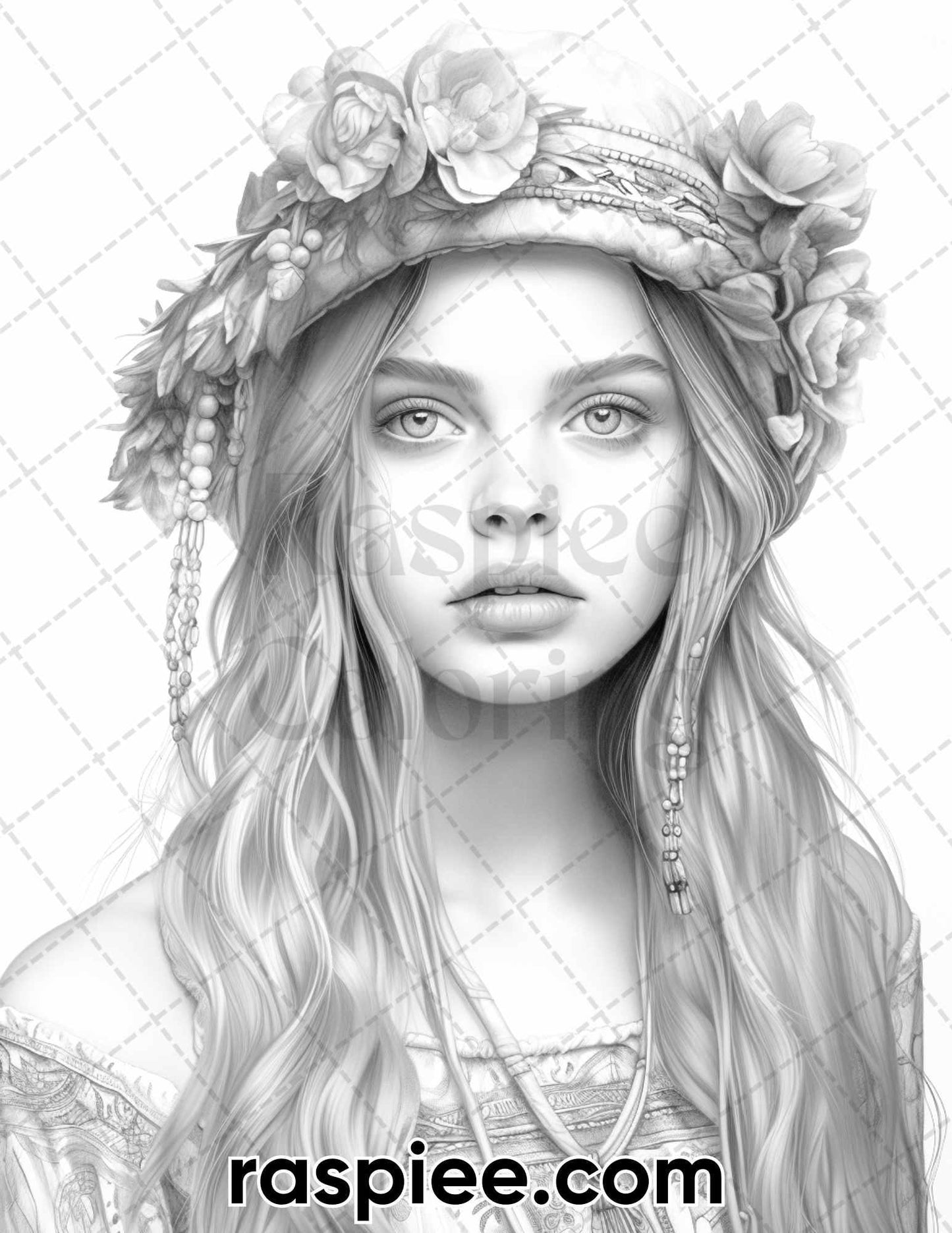 60 Bohemian Beauties Grayscale Coloring Pages for Adults, Printable PDF Instant Download