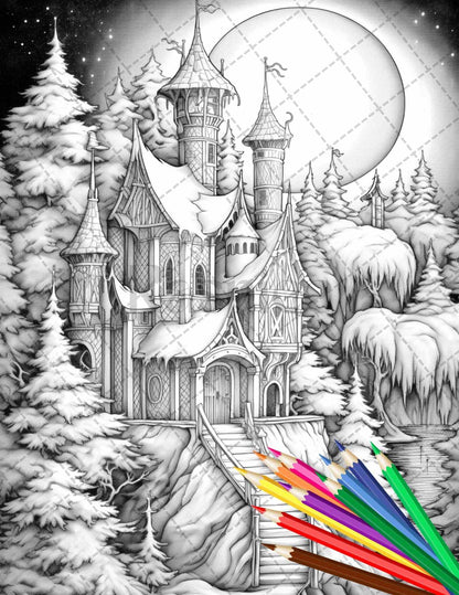 63 Winter Fairy Houses Grayscale Coloring Pages Printable for Adults, PDF File Instant Download