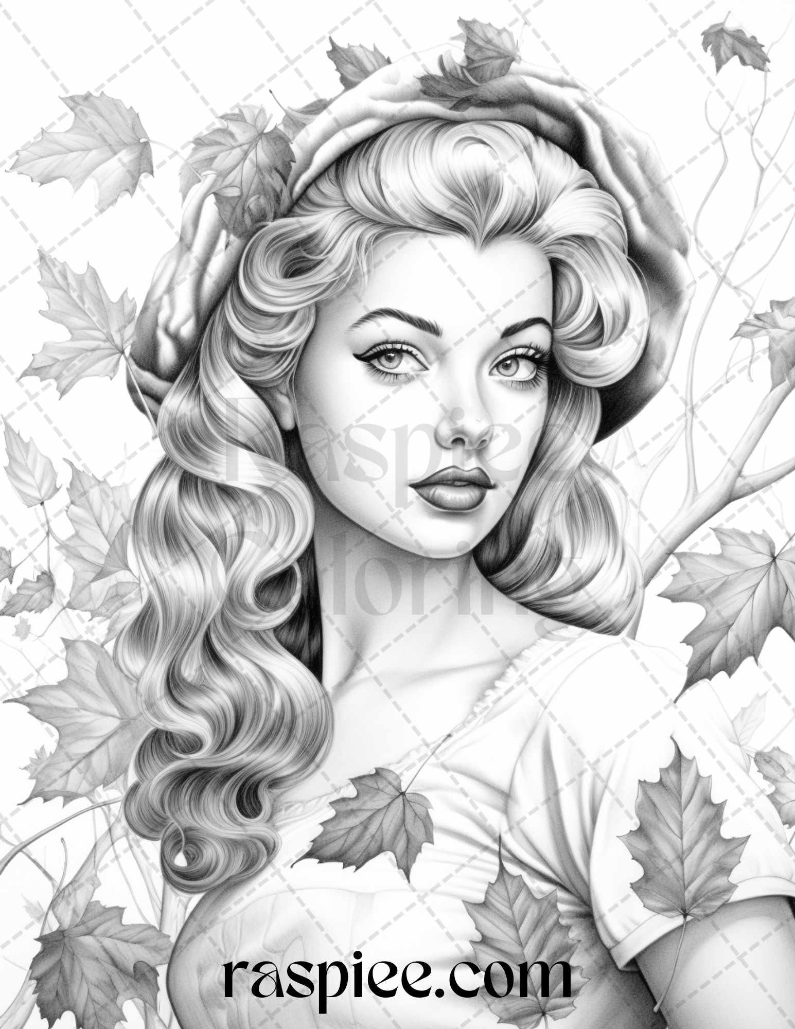 55 Autumn Pin Up Girls Grayscale Coloring Pages Printable for Adults, PDF File Instant Download