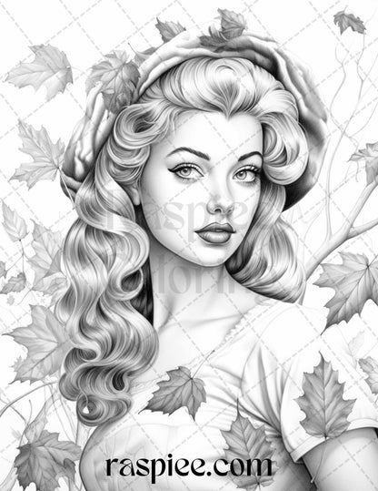 55 Autumn Pin Up Girls Grayscale Coloring Pages Printable for Adults, PDF File Instant Download