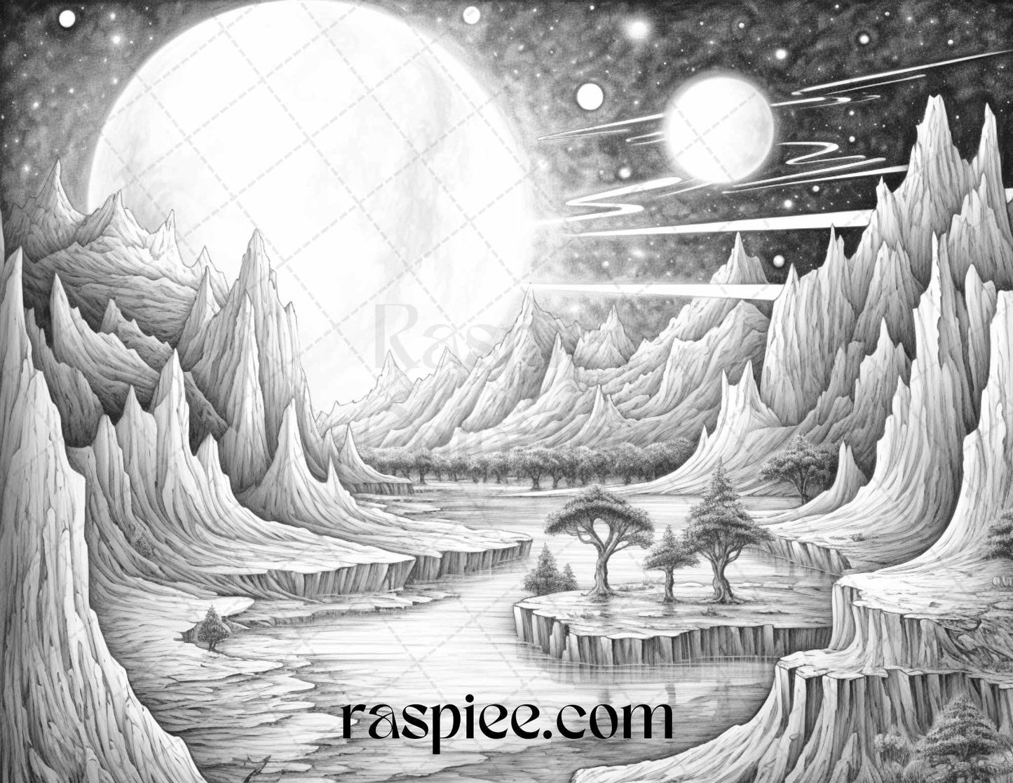 55 Celestial Landscapes Grayscale Coloring Pages Printable for Adults, PDF File Instant Download