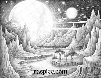 55 Celestial Landscapes Grayscale Coloring Pages Printable for Adults, PDF File Instant Download