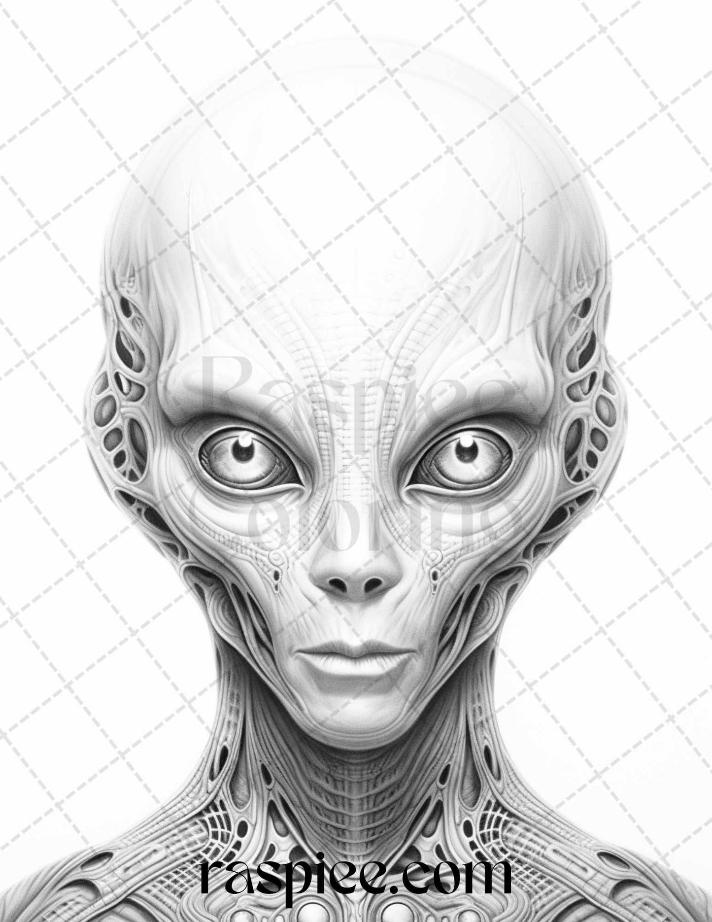 65 Alien Portrait Grayscale Coloring Pages for Adults, Printable PDF File Instant Download