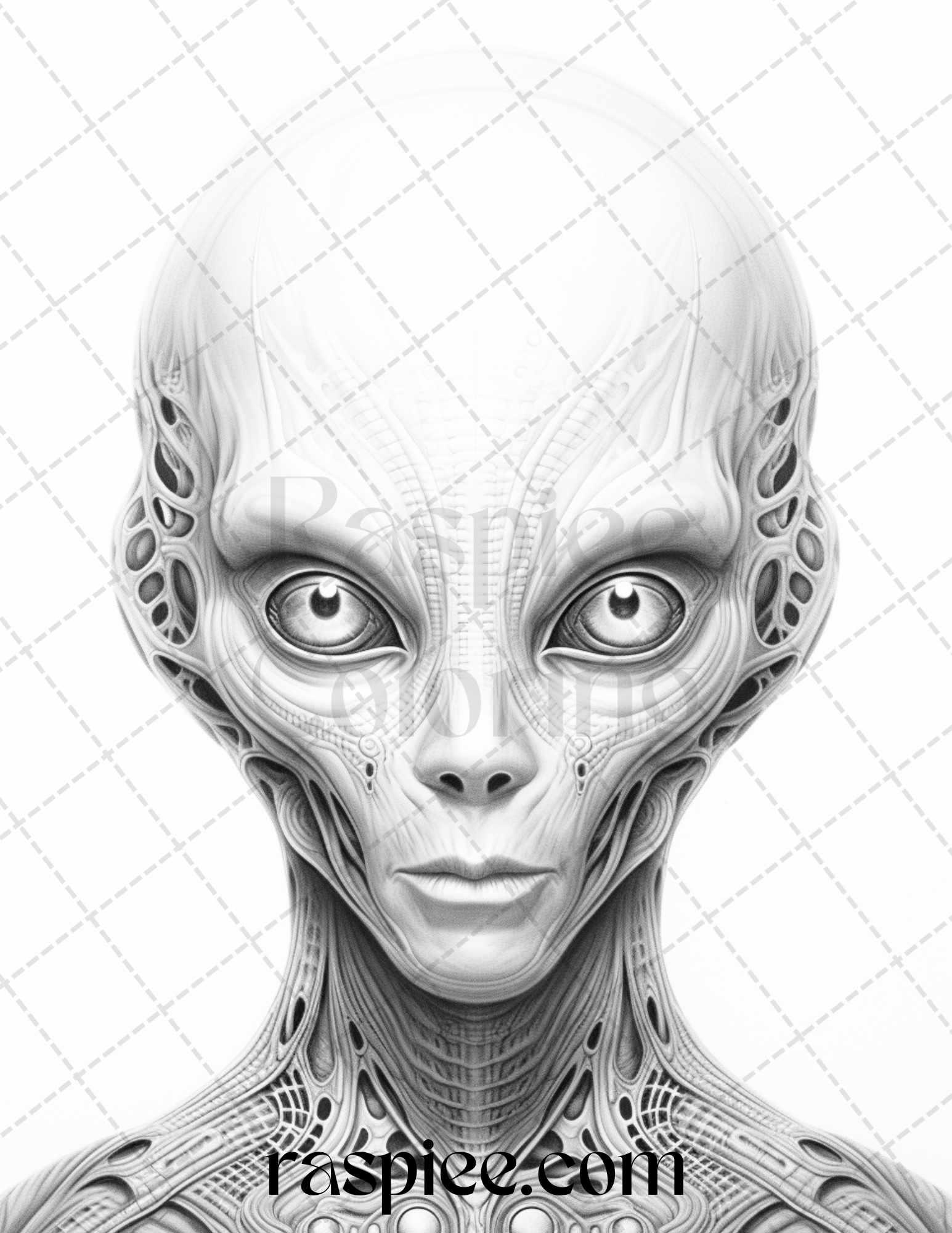 65 Alien Portrait Grayscale Coloring Pages for Adults, Printable PDF File Instant Download