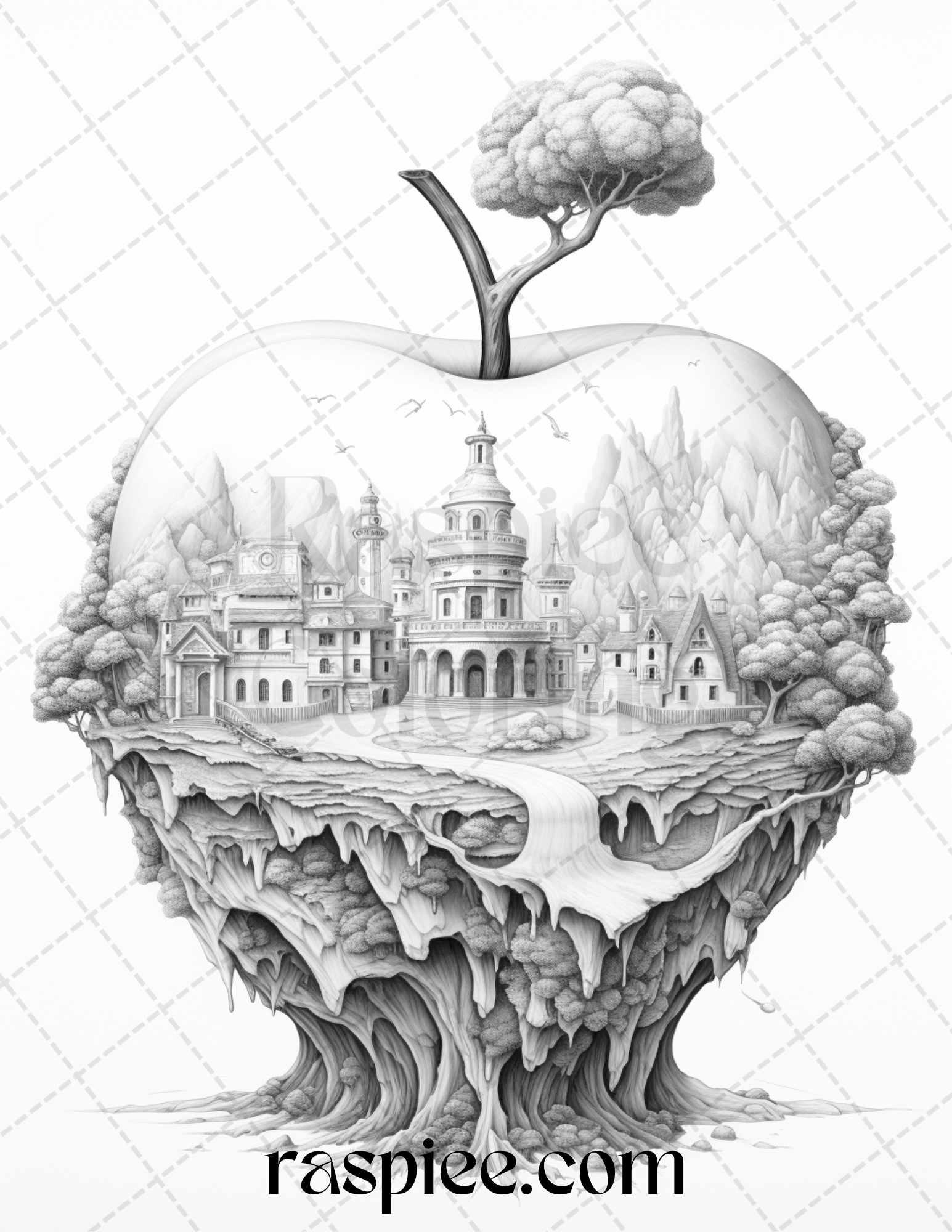 60 Miniworld in the Apple Grayscale Coloring Pages Printable for Adults, PDF File Instant Download