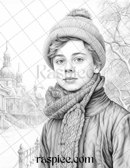 60 Victorian Winter Portrait Grayscale Coloring Pages Printable for Adults, PDF File Instant Download