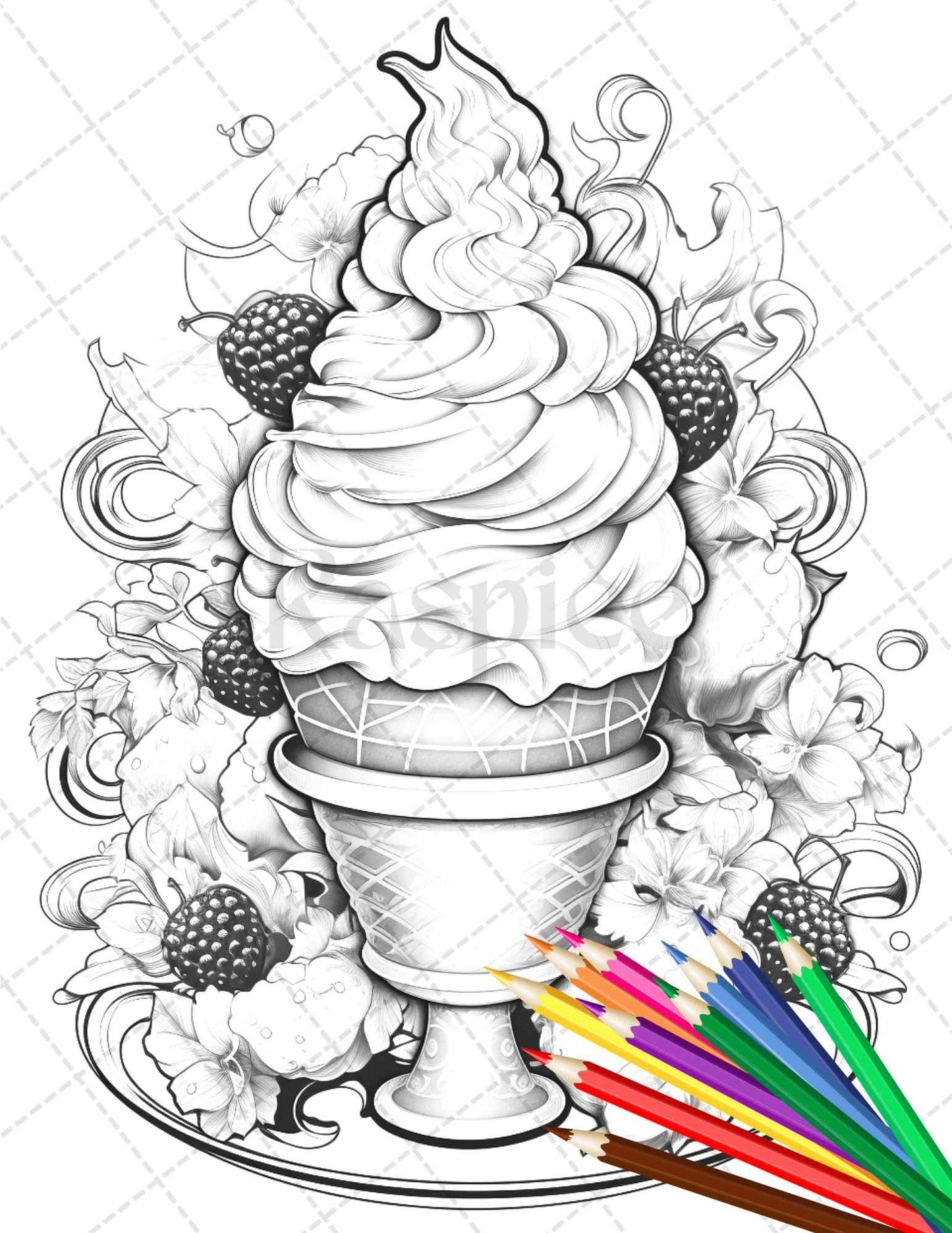 52 Printable Ice Cream Desserts Coloring Pages for Adults and Kids, Grayscale Coloring Page, PDF File Instant Download