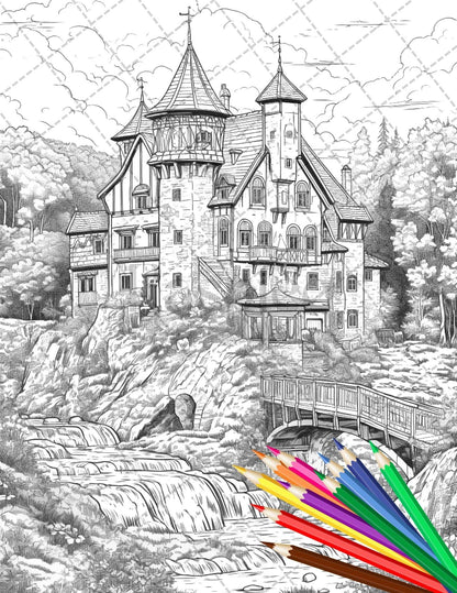 122 Fantasy Castles Coloring Book for Adults, Grayscale Coloring Page, Printable PDF Instant Download