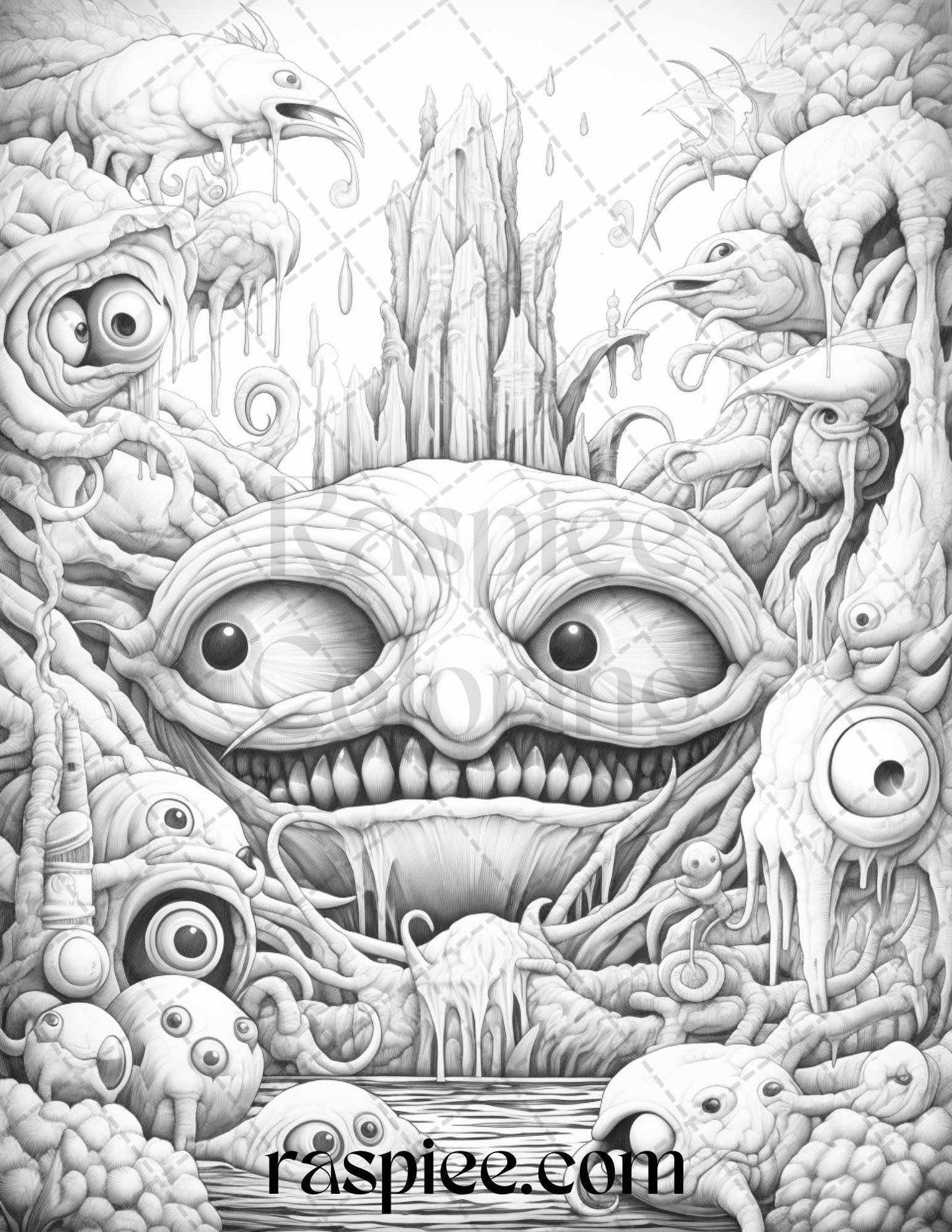 53 Surreal Creatures Grayscale Coloring Pages for Adults, Printable PDF File Instant Download