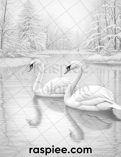 55 Winter Wildlife Grayscale Coloring Pages for Adults, Printable PDF Instant Download