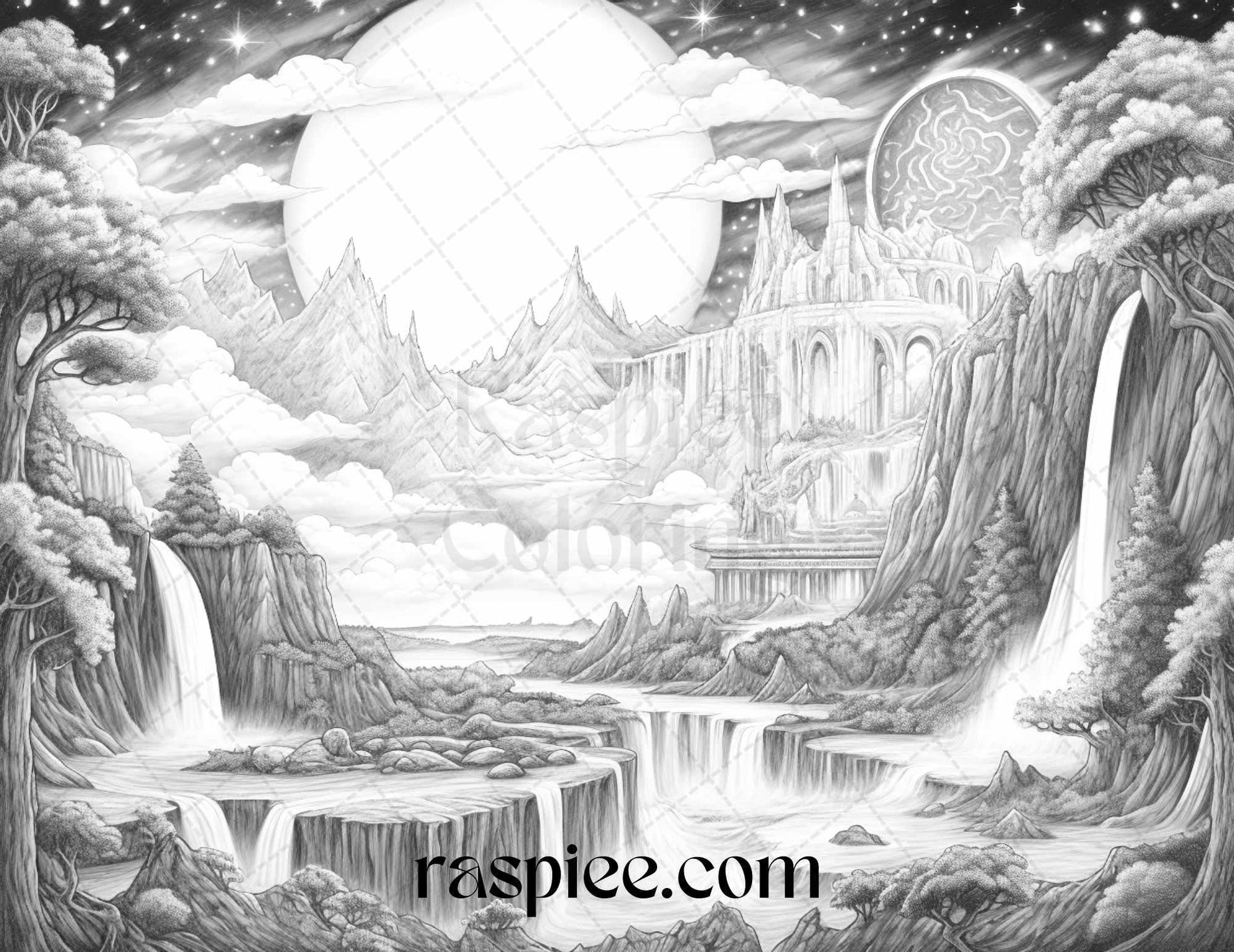 55 Celestial Landscapes Grayscale Coloring Pages Printable for Adults, PDF File Instant Download