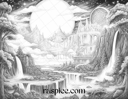 55 Celestial Landscapes Grayscale Coloring Pages Printable for Adults, PDF File Instant Download