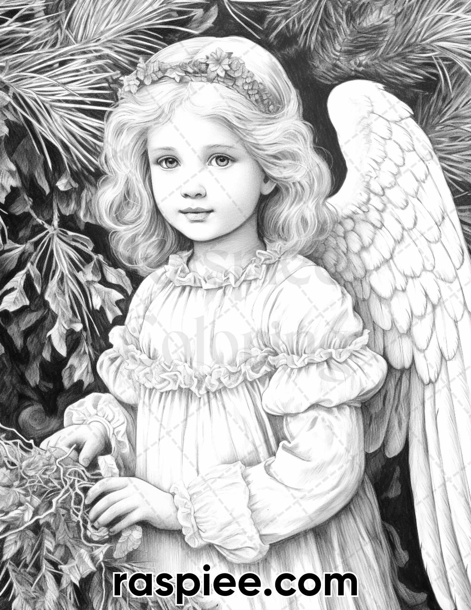 55 Christmas Angel Grayscale Coloring Pages for Adults, Printable PDF Instant Download