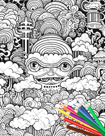 Psychedelic Trippy Coloring Book Printable for Adults, Grayscale Coloring Page, PDF File Instant Download