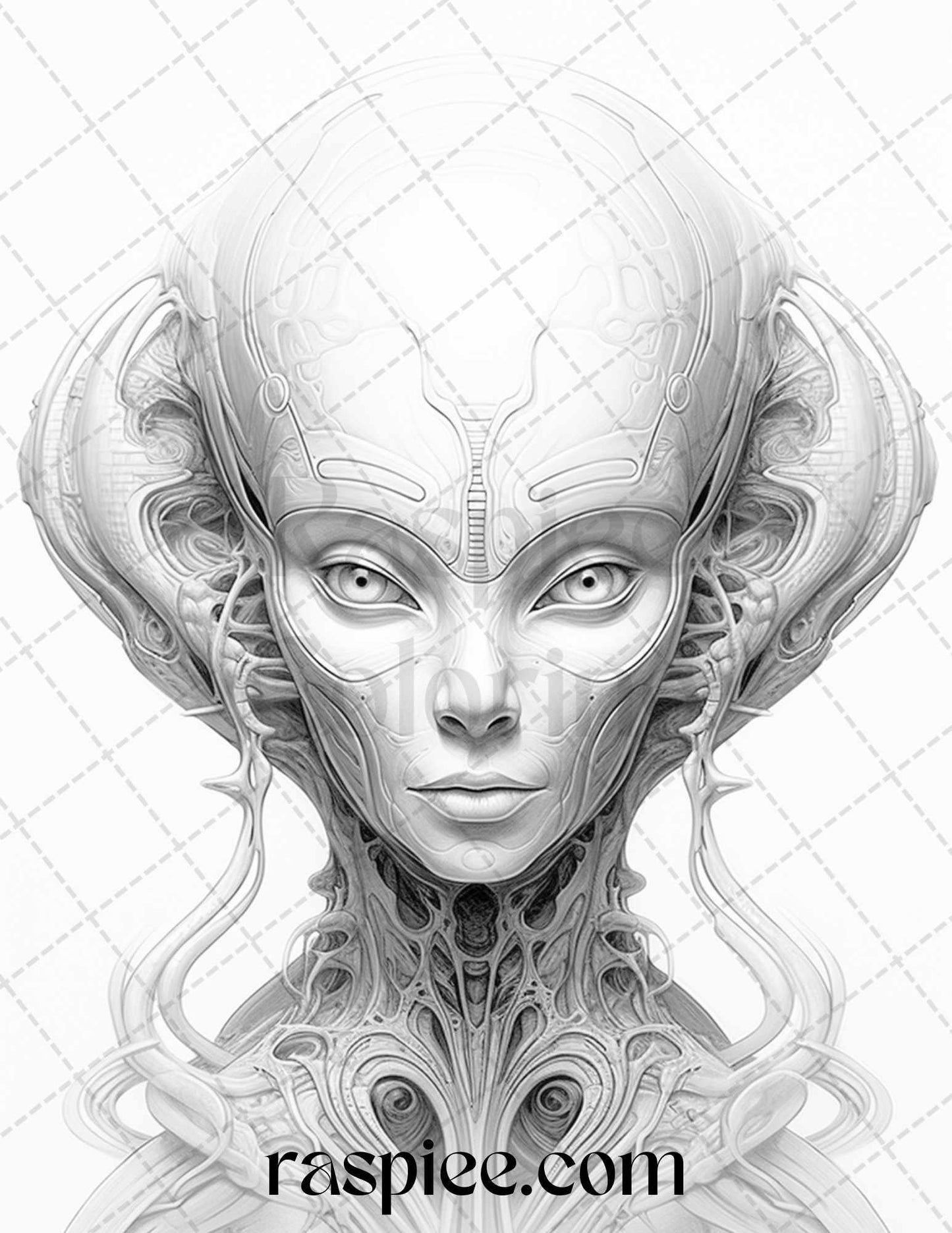 65 Alien Portrait Grayscale Coloring Pages for Adults, Printable PDF File Instant Download