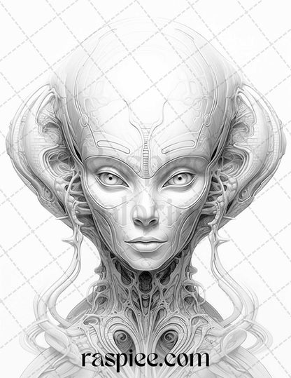 65 Alien Portrait Grayscale Coloring Pages for Adults, Printable PDF File Instant Download