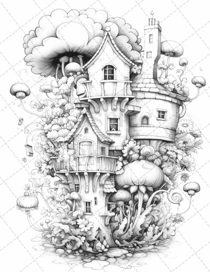 60 Flower Houses Grayscale Coloring Pages Printable for Adults, PDF File Instant Download