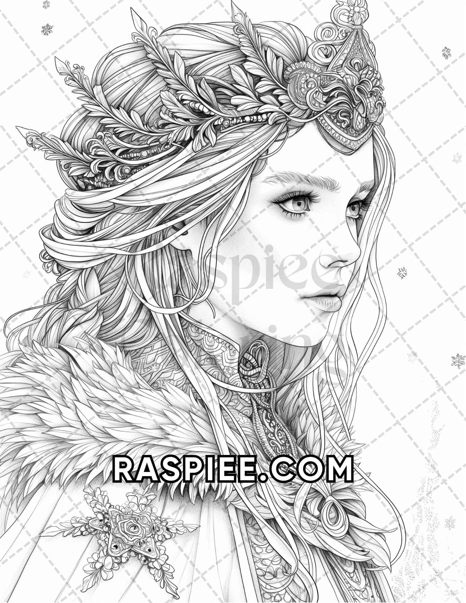 60 Fantasy Beauties Grayscale Adult Coloring Pages Printable PDF Instant Download