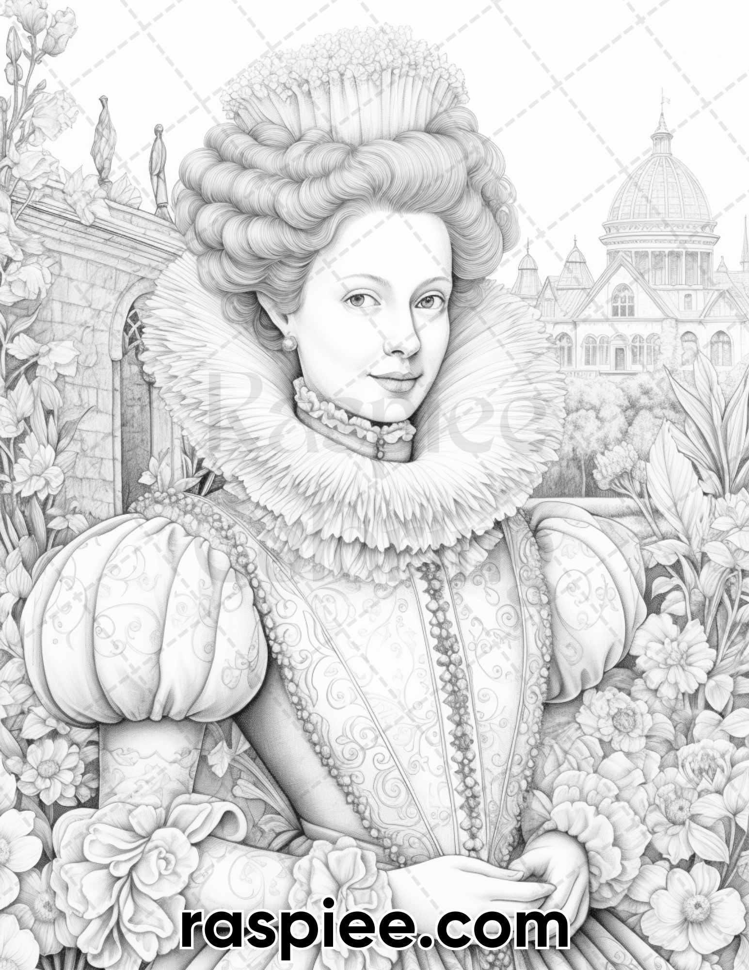 65 Elizabethan Women Portraits Grayscale Adult Coloring Pages, Printable PDF Instant Download