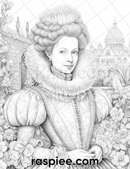 65 Elizabethan Women Portraits Grayscale Adult Coloring Pages, Printable PDF Instant Download