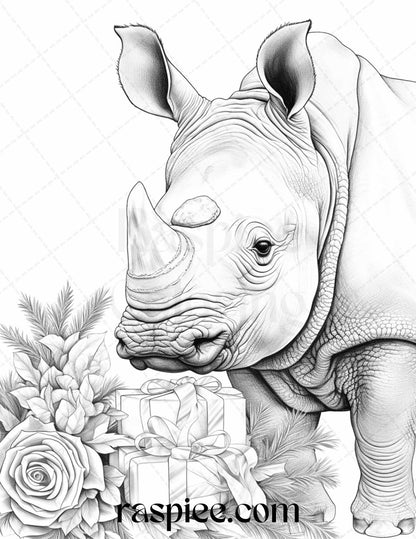 70 Christmas Animals Grayscale Coloring Pages Printable for Adults, PDF File Instant Download