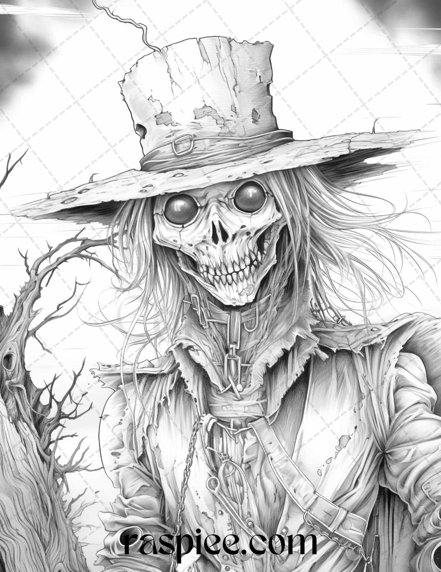 53 Scary Steampunk Scarecrows Grayscale Coloring Pages Printable for Adults, PDF File Instant Download