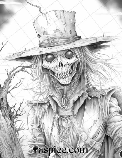 53 Scary Steampunk Scarecrows Grayscale Coloring Pages Printable for Adults, PDF File Instant Download