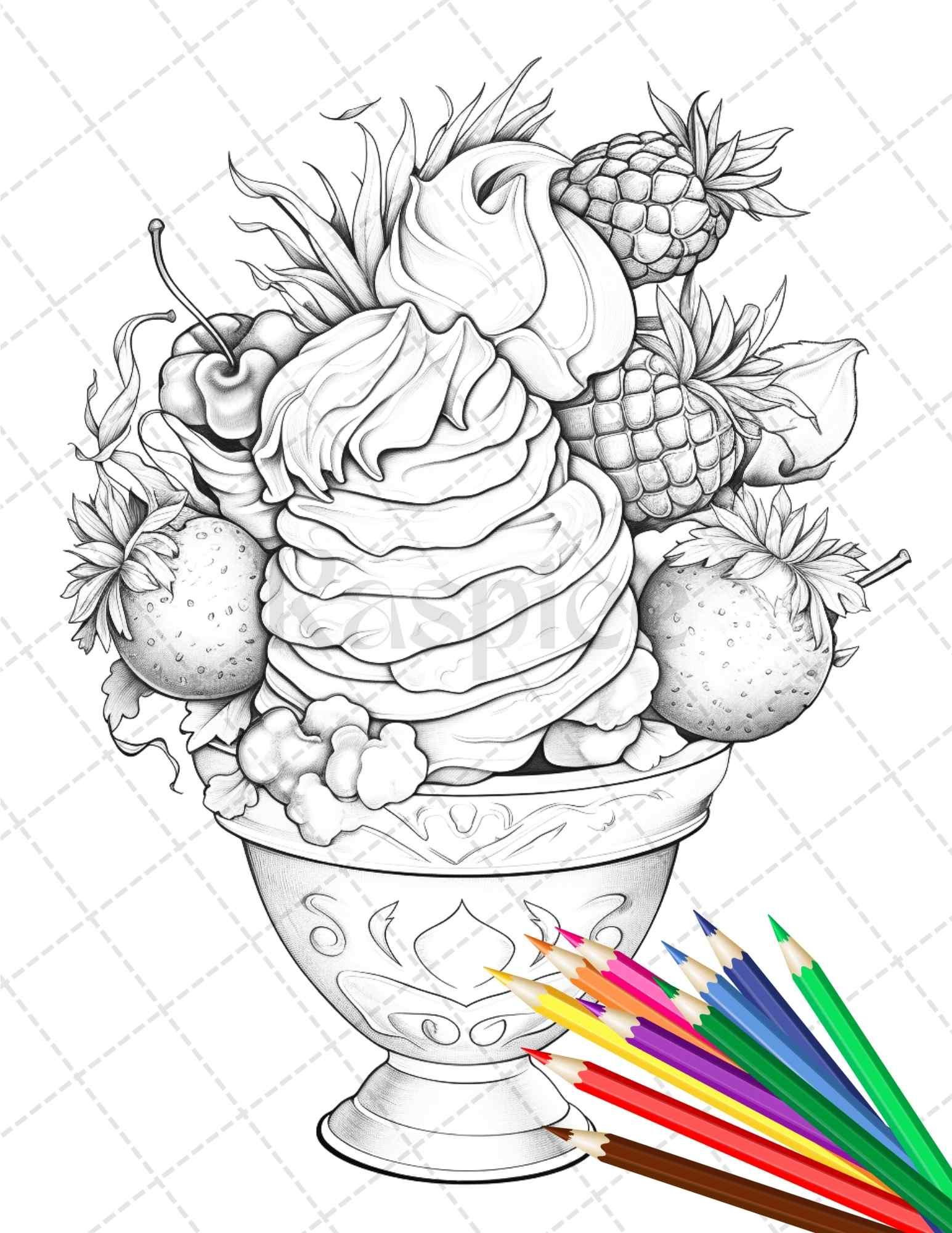 52 Printable Ice Cream Desserts Coloring Pages for Adults and Kids, Grayscale Coloring Page, PDF File Instant Download