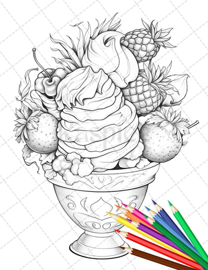 52 Printable Ice Cream Desserts Coloring Pages for Adults and Kids, Grayscale Coloring Page, PDF File Instant Download