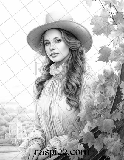 60 Victorian Autumn Portrait Grayscale Coloring Pages Printable for Adults, PDF File Instant Download