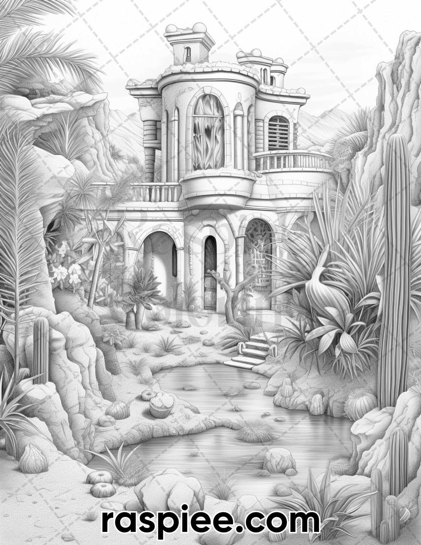 55 Desert Oasis Fairy Homes Grayscale Coloring Pages for Adults, Printable PDF Instant Download