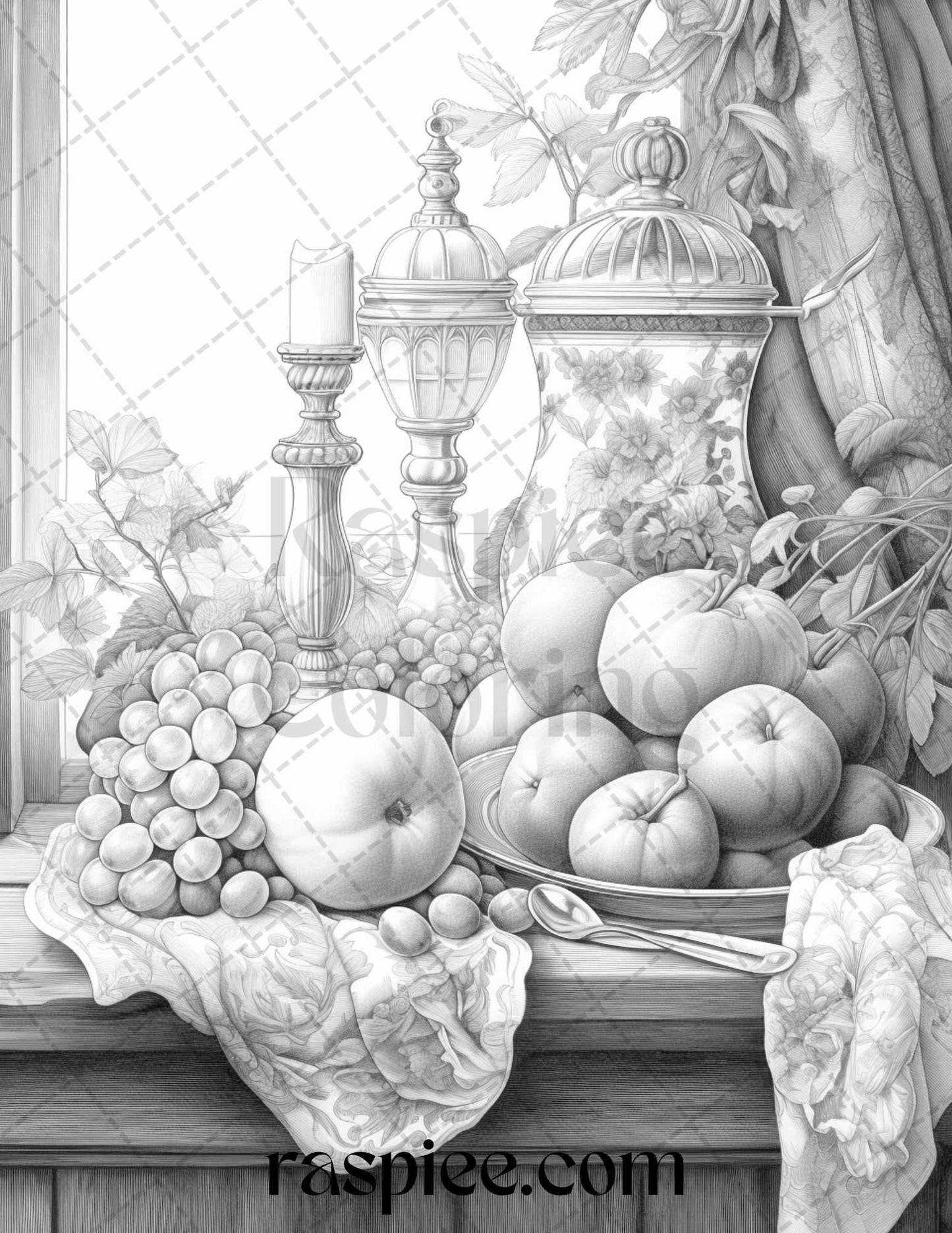 52 Still Life Grayscale Coloring Pages Printable for Adults, PDF File Instant Download