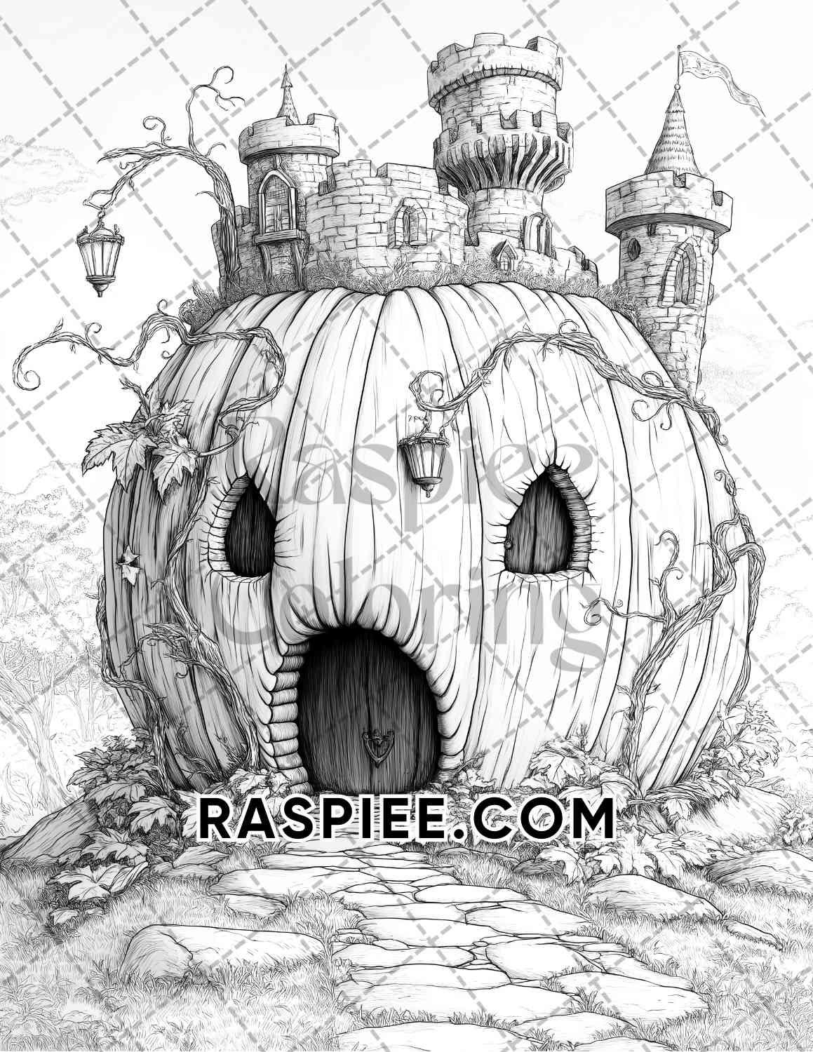 Fantasy Giant Pumpkin Castles Adult Coloring Pages Printable PDF Instant Download