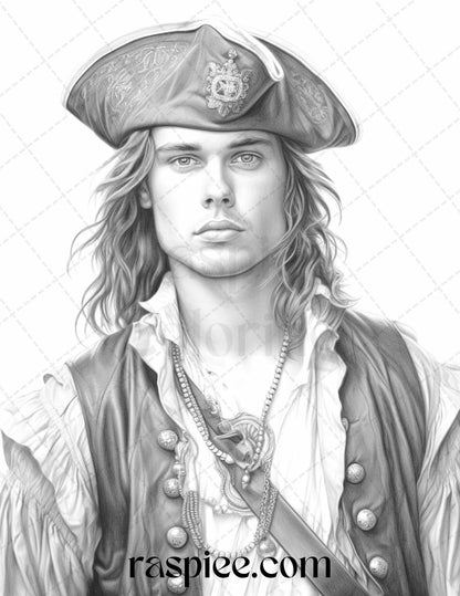 60 Pirate Life Grayscale Coloring Pages Printable for Adults, Stress Relief Coloring, PDF File Instant Download