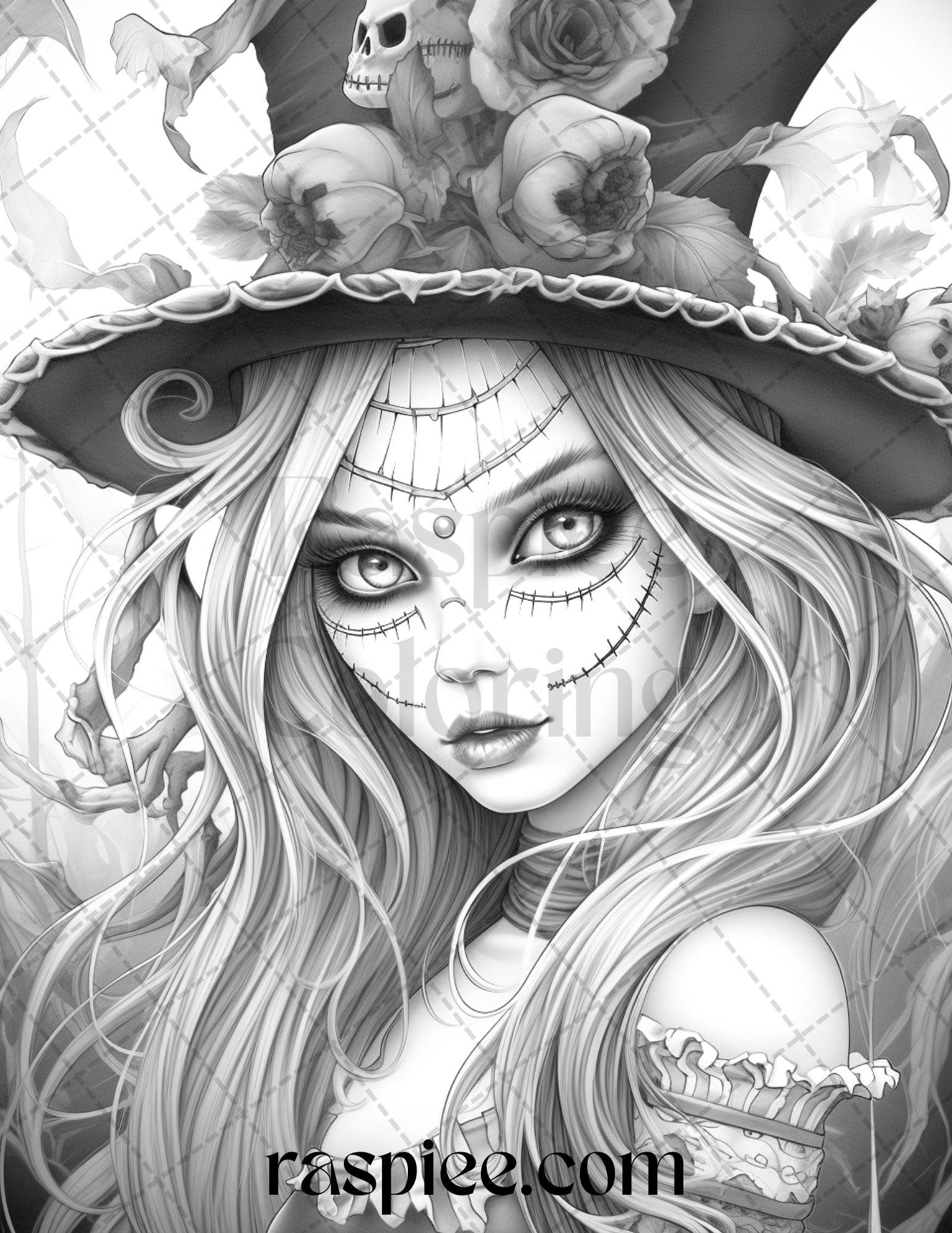 55 Halloween Girls Grayscale Coloring Pages Printable for Adults, PDF File Instant Download