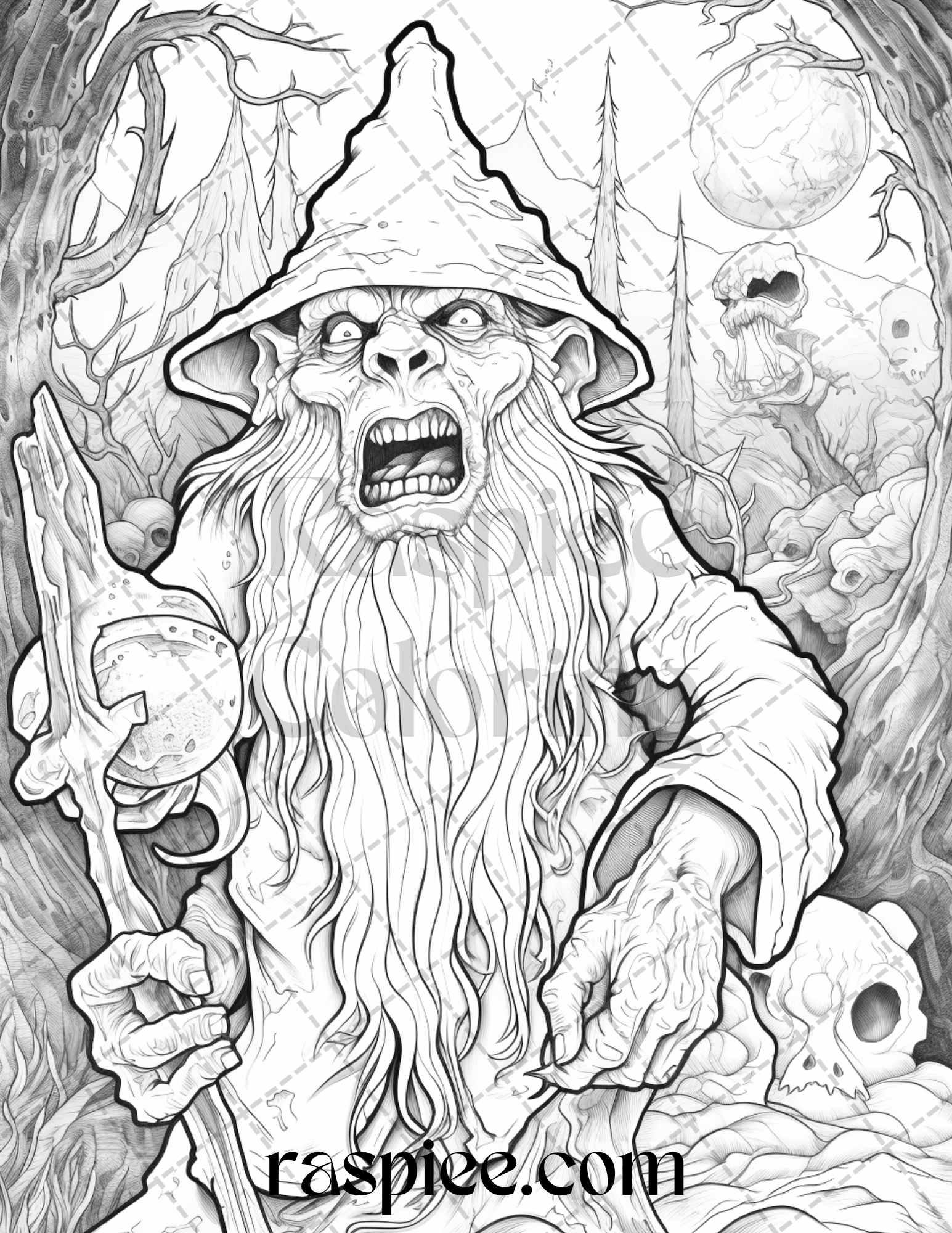 50 Horror Zombie Gnomes Grayscale Coloring Pages Printable for Adults, PDF File Instant Download