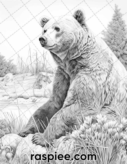 55 Wild Animals Grayscale Coloring Pages for Adults, Printable PDF Instant Download