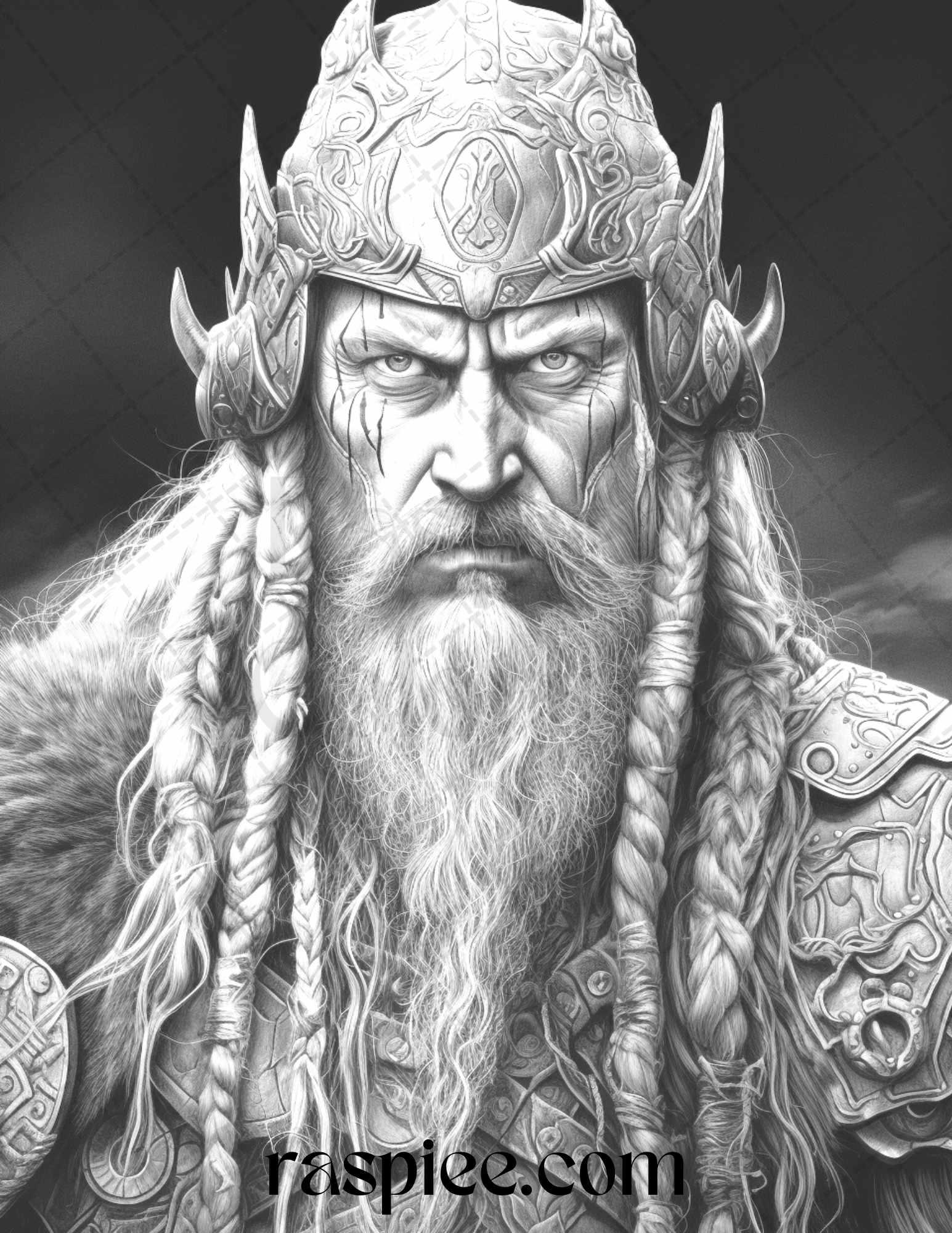 55 Viking Warriors Portrait Grayscale Coloring Pages Printable for Adults, PDF File Instant Download