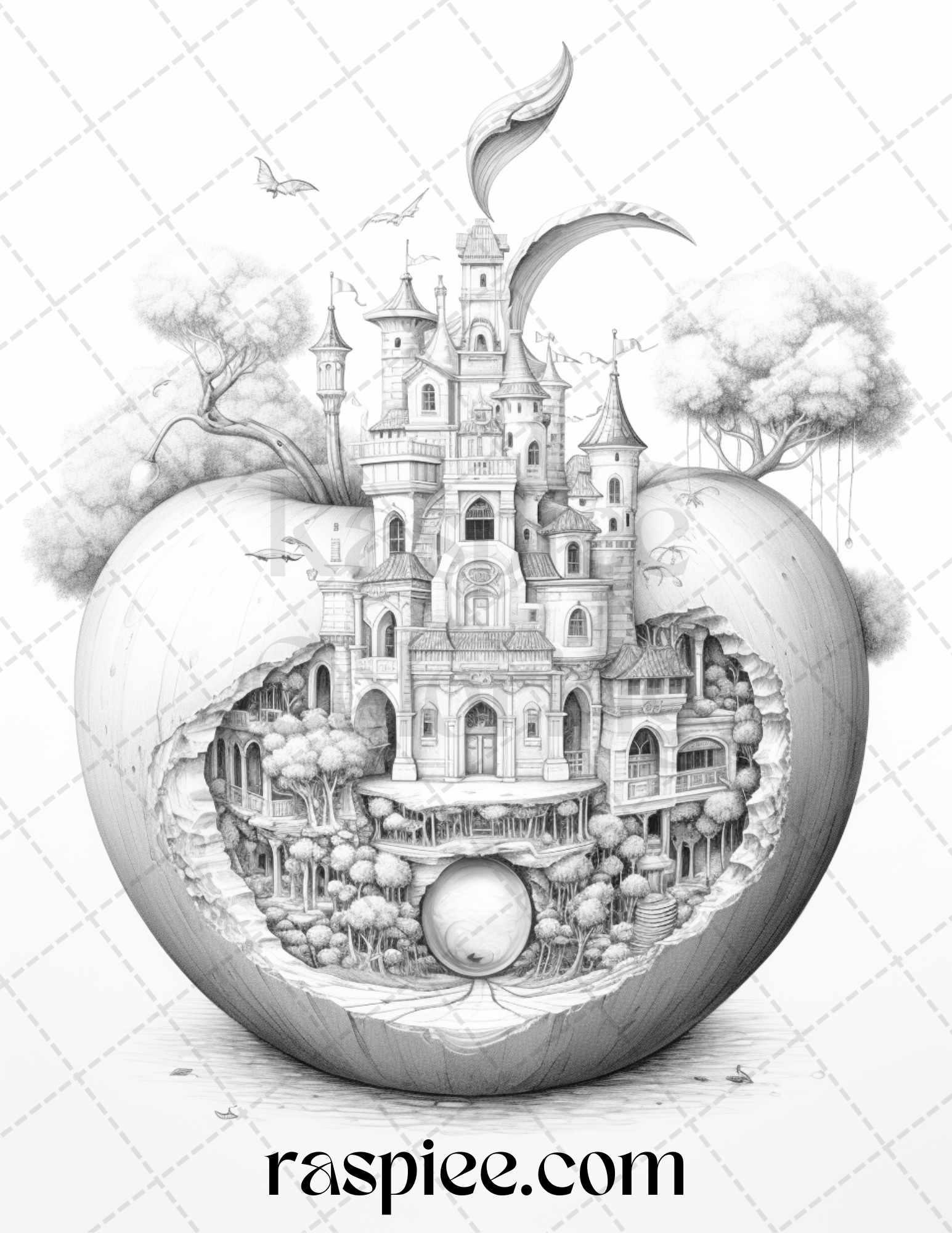 60 Miniworld in the Apple Grayscale Coloring Pages Printable for Adults, PDF File Instant Download