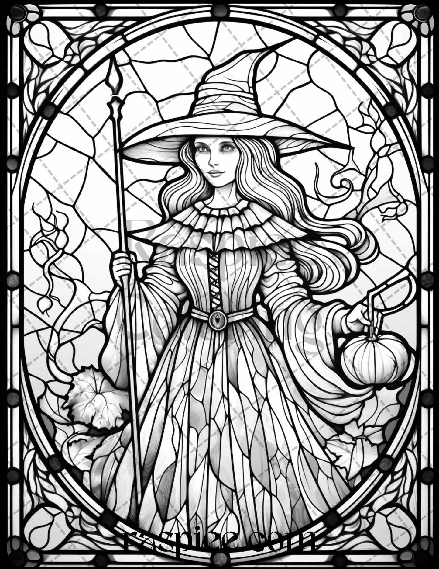 70 Halloween Stained Glass Grayscale Coloring Pages Printable for Adults, PDF File Instant Download