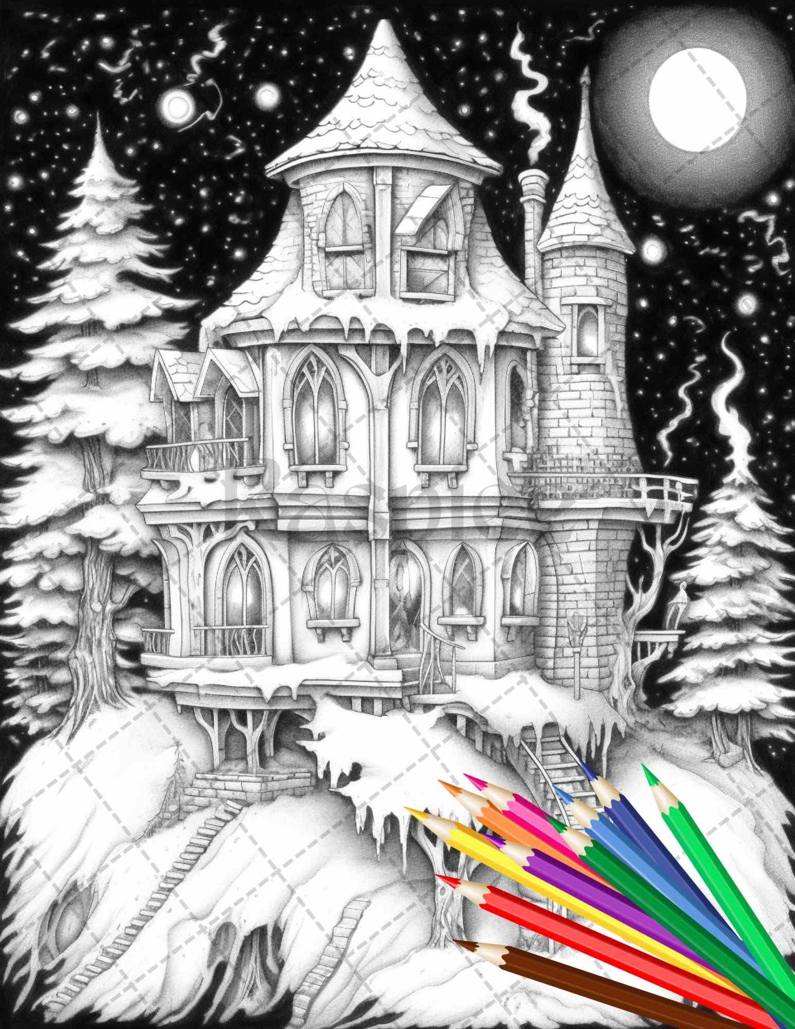 63 Winter Fairy Houses Grayscale Coloring Pages Printable for Adults, PDF File Instant Download