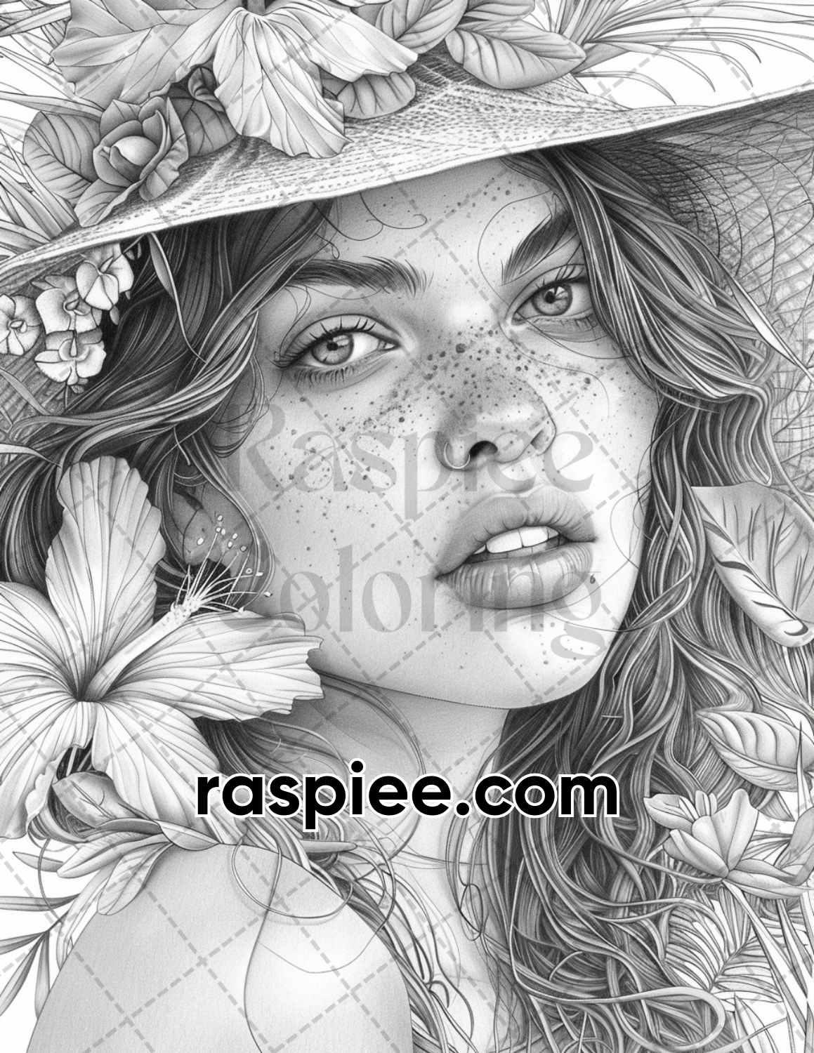 70 Beautiful Tropical Girls Grayscale Adult Coloring Pages Printable PDF Instant Download