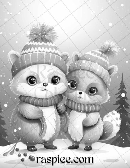 70 Christmas Critters Grayscale Coloring Pages Printable for Adults and Kids, PDF File Instant Download