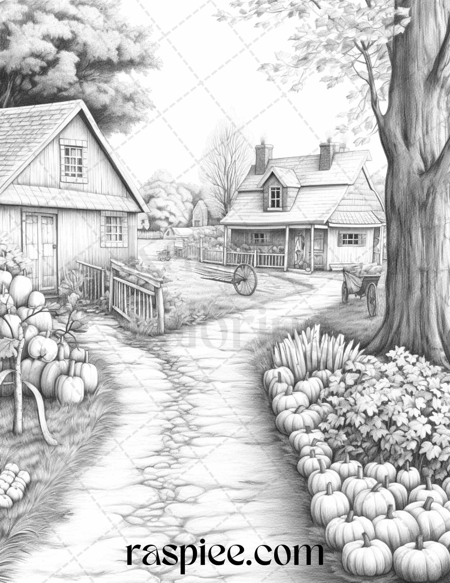 Autumn Scenery Grayscale Coloring Pages Printable for Adults, PDF File Instant Download