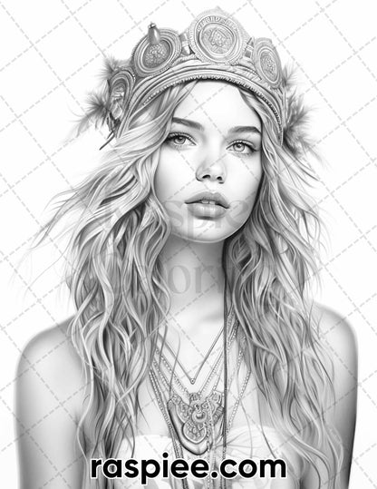 60 Bohemian Beauties Grayscale Coloring Pages for Adults, Printable PDF Instant Download