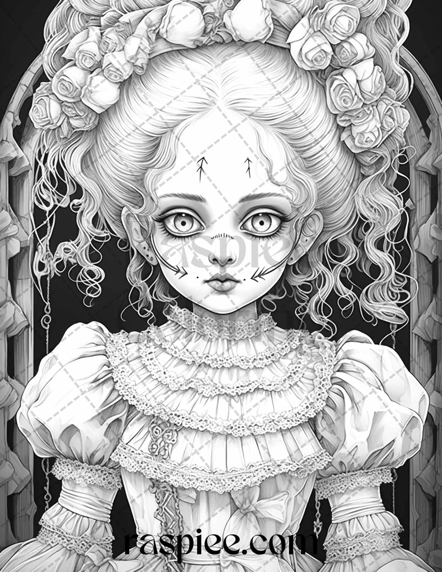 50 Scary Victorian Dolls Grayscale Coloring Pages Printable for Adults, PDF File Instant Download