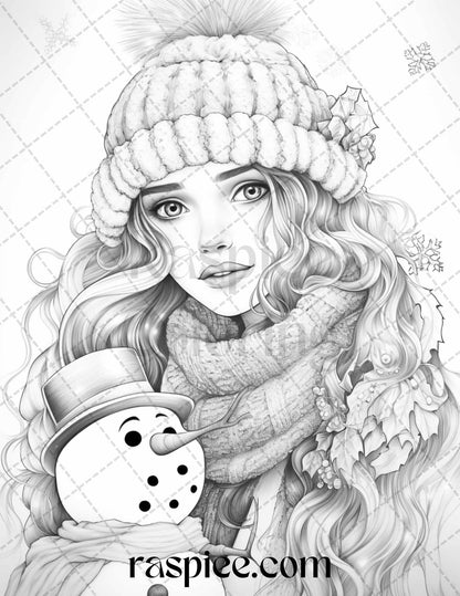60 Beautiful Winter Girls Grayscale Coloring Pages Printable for Adults, PDF File Instant Download
